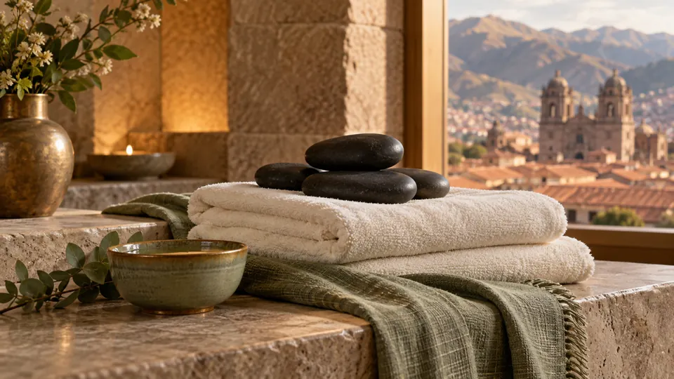 Piedras oscuras y toallas en un ambiente ilustrativo de spa